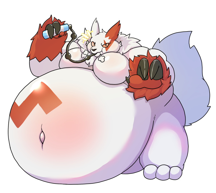 2023 3_fingers 3_toes air_tank anthro belly big_belly biped digital_media_(artwork) feet fingers generation_3_pokemon hi_res hyper hyper_belly j1110_tanuki looking_at_viewer male moobs navel nintendo nude pokemon pokemon_(species) simple_background solo thick_thighs toes wide_hips zangoose