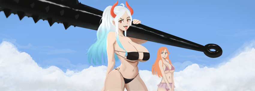 absurd_res asian_mythology big_breasts black_clothing black_swimwear blue_hair breasts clothing cloud club_(weapon) demon duo east_asian_mythology eyelashes female hair hi_res holding_object holding_weapon horn horned_humanoid huge_breasts human humanoid japanese_mythology kanabō long_hair looking_at_another looking_at_viewer mammal maulegend melee_weapon multicolored_hair mythology nami_(one_piece) navel one_piece oni orange_eyes orange_hair ponytail purple_clothing purple_swimwear red_horn sky swimwear thick_thighs tongue tongue_out two_tone_hair weapon white_hair wide_hips yamato_(one_piece) yokai