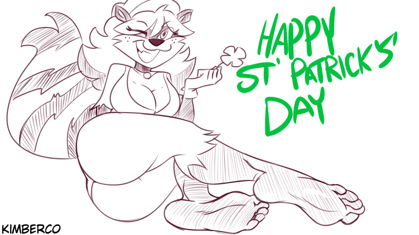 5_toes anthro big_butt breasts burque_(kimberco) butt clothed clothing clover feet female foot_fetish foot_focus freckles fur hair hi_res holidays kimberco looking_at_viewer mammal markings one_eye_closed plantigrade presenting presenting_hindquarters procyonid raccoon simple_background smile solo st._patrick's_day striped_markings striped_tail stripes tail tail_markings teeth toes wink