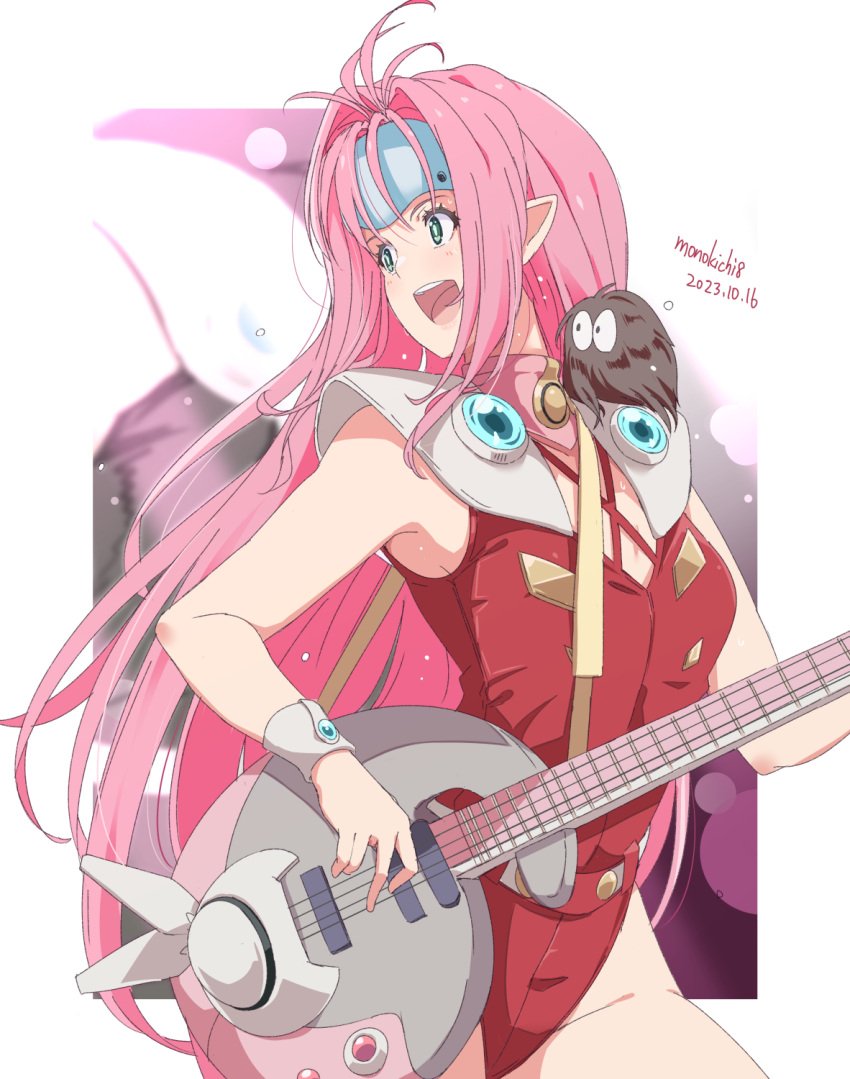 1girl :d artist_name electric_guitar green_eyes guitar headband highres holding holding_instrument instrument kichihachi leotard long_hair looking_to_the_side macross macross_7 mylene_jenius open_mouth pink_hair pointy_ears red_leotard smile teeth thighs twitter_username upper_teeth_only