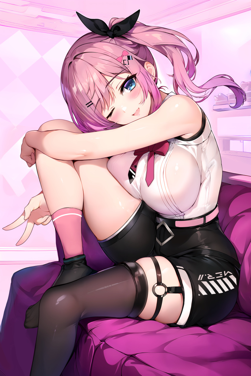 1girl ;d absurdres arm_on_knee belt bike_shorts black_footwear black_ribbon black_thighhighs blue_eyes bow bowtie breast_press breasts couch gradient_hair hair_ornament hair_ribbon hairclip highres indoors knees_to_chest kuramochi_meruto large_breasts long_hair looking_at_viewer multicolored_hair nijisanji on_couch one_eye_closed paid_reward_available pink_belt pink_hair pink_socks red_bow red_bowtie ribbon shirt shirt_tucked_in side_ponytail sidelocks single_thighhigh sitting skindentation sleeveless sleeveless_shirt smile socks solo sugiki thigh_strap thighhighs v virtual_youtuber white_shirt