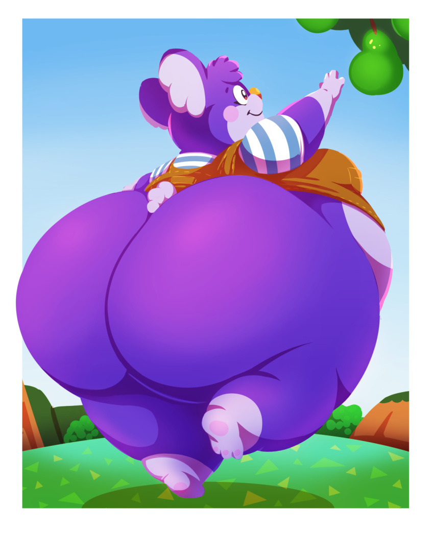 2023 animal_crossing anthro belly big_butt blush blush_stickers bottomless breasts butt butt_focus clothed clothing female food fruit fur hi_res hoodah huge_butt koala mammal marsupial nintendo outside overweight overweight_anthro overweight_female pear plant purple_body purple_fur reaching reaching_for_object sky smile solo sydney_(animal_crossing) tree vombatiform