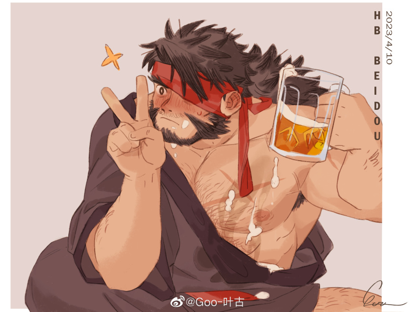 absurdres arm_hair bara bare_pectorals beard beer_mug birthday borrowed_character character_request chest_hair cup drunk facial_hair foam_on_body foaming_at_the_mouth forked_eyebrows gift_art goo_(koushishikou11) hadanugi_dousa hairy headband highres holding holding_cup large_pectorals leg_hair male_focus mature_male mug muscular muscular_male original pectorals red_headband sitting sparkle v wet wet_clothes