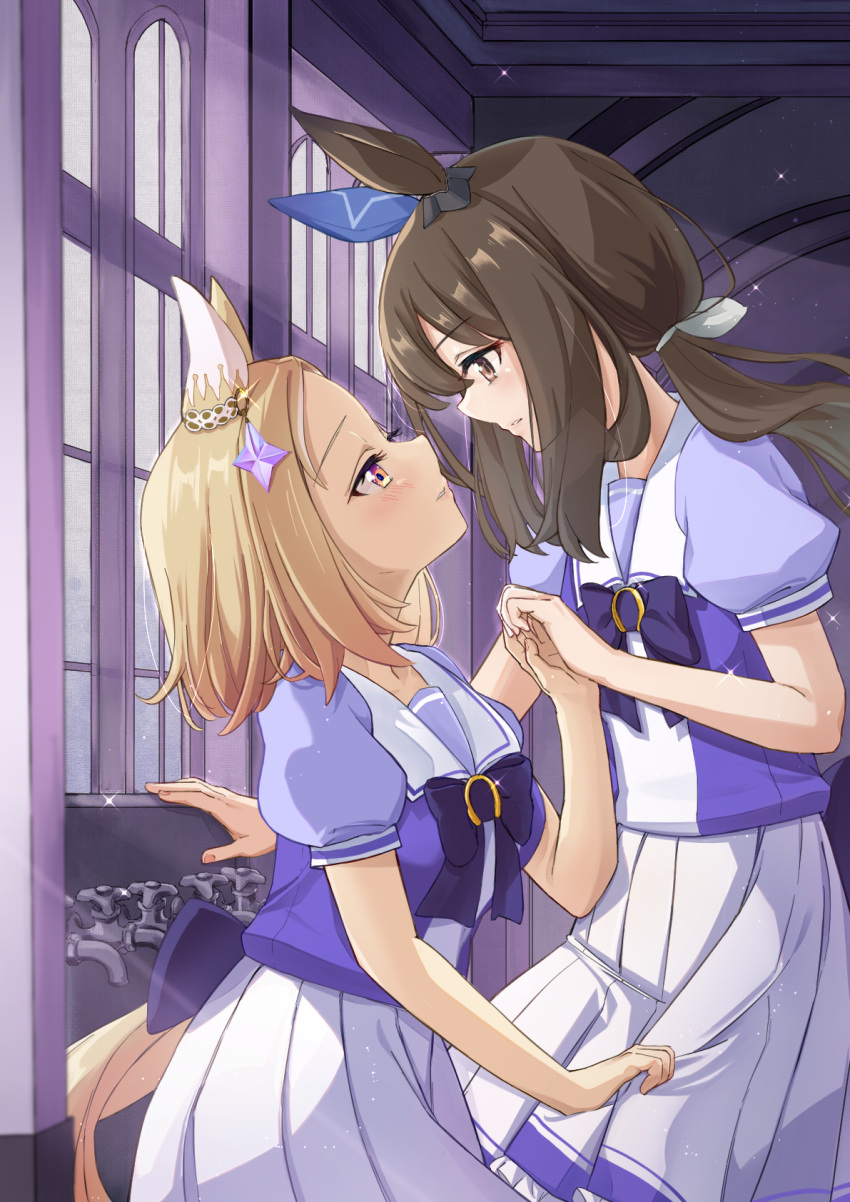 2girls admire_vega_(umamusume) animal_ears back_bow black_hair blonde_hair bow closed_mouth ear_covers ear_ornament from_side hair_ribbon highres holding_hands horse_ears horse_girl indoors long_hair looking_at_another low_ponytail medium_skirt multiple_girls narita_top_road_(umamusume) pleated_skirt puffy_short_sleeves puffy_sleeves purple_bow purple_shirt ribbon sailor_collar school_uniform shirt short_hair short_sleeves single_ear_cover skirt skirt_grab standing torinao_(user_hszt4357) tracen_school_uniform umamusume white_ribbon white_sailor_collar white_skirt window yellow_eyes yuri