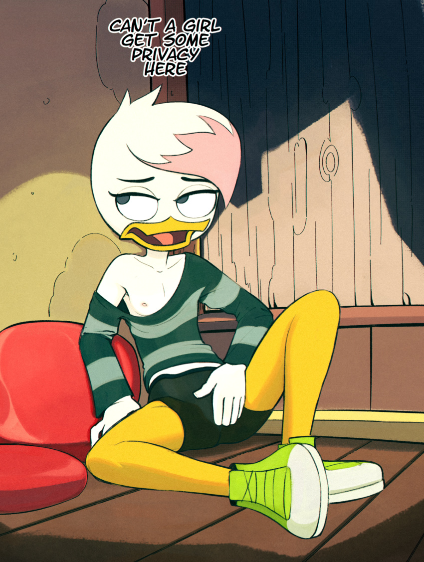 anatid anseriform anthro avian bird clothing dialogue disney drockdraw duck ducktales ducktales_(2017) female hi_res lena_(ducktales) nipple_slip shoes_on solo spats translucent translucent_clothing young