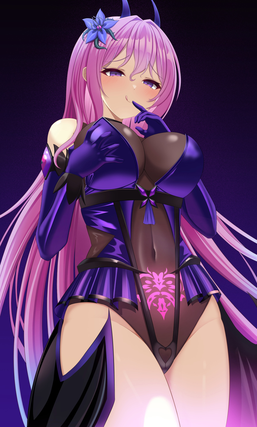 1girl :p absurdres blush bodycon breasts cleavage corruption dark_persona demon_girl detached_sleeves elbow_gloves empty_eyes evil_smile flower gloves hair_ornament half-closed_eyes highres horns latex leotard long_hair looking_at_viewer medium_breasts navel original pink_hair pubic_tattoo purple_eyes raven_genesis seductive_smile see-through see-through_leotard showgirl_skirt smile solo tattoo thick_thighs thighs tongue tongue_out