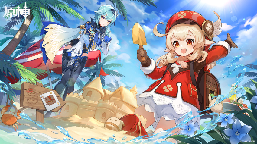 2girls absurdres arm_up backpack bag bag_charm black_gloves black_hairband bloomers blue_cape blue_flower blue_hair blue_necktie blue_sky boots brown_gloves cabbie_hat cape charm_(object) clover_print commentary_request crab day deck_chair dress eula_(genshin_impact) feathers flower genshin_impact gloves hair_between_eyes hair_ornament hairband hand_up hat hat_feather hat_ornament high-waist_shorts highres klee_(genshin_impact) kneeling leaning_forward light_brown_hair long_sleeves looking_at_another looking_at_object medium_hair multicolored_eyes multiple_girls necktie official_art palm_tree parted_lips pointy_ears purple_eyes randoseru red_dress red_headwear sand sand_castle sand_sculpture shorts sidelocks sky standing sunlight thigh_boots tree trowel underwear vision_(genshin_impact) white_bloomers white_feathers white_sleeves wide_sleeves yellow_eyes