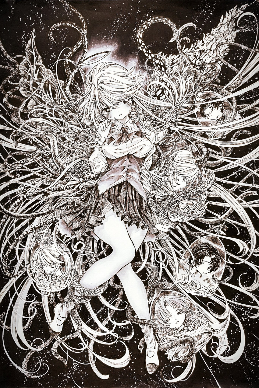 6+girls absurdly_long_hair angel angel_wings aya_carmine blush body_horror braid closed_eyes collared_shirt dual_persona flower_wings full_body glasses greyscale halo highres leaf_wings long_hair meguro_miyuki millipen_(medium) mismatched_wings monochrome multiple_girls neck_ribbon open_mouth plant_wings pleated_skirt ribbon sayonara_wo_oshiete school severed_head shirt shoes short_hair side_braids skirt smile snake socks sugamo_mutsuki surreal takada_nozomi tamachi_mahiru tendril tentacles tongue traditional_media twintails ueno_koyori underbust uwabaki very_long_hair vest wavy_hair wings