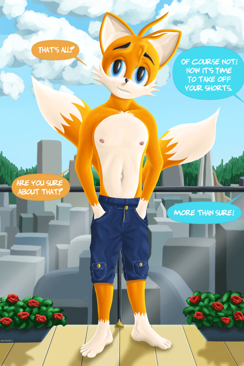 2:3 5_toes absurd_res anthro balcony barefoot blue_eyes bottomwear canid canine challenge chest_tuft clothed clothing comic command dare dialogue english_text exhibitionism feet fox hand_in_pocket hi_res humanoid lost_bet male mammal miles_prower navel nipples offscreen_character partially_clothed pockets public sega shorts smile solo sonic_the_hedgehog_(series) speech_bubble submissive submissive_male tail text toes topless topless_male tuft undressing xofrehpyc