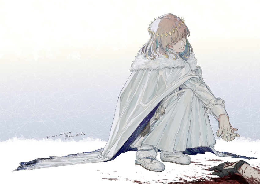 1boy 1other absurdres blood blood_on_ground cloak closed_eyes crown diamond_hairband fate/grand_order fate_(series) full_body fur-trimmed_cloak fur_trim grey_hair highres long_sleeves male_focus medium_hair no_wings oberon_(fate) pe_saida signature simple_background smile squatting white_background white_cloak