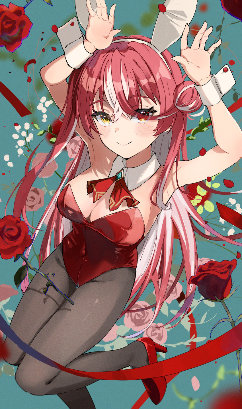 1girl absurdres animal_ears armpits arms_up ascot blush breasts cleavage closed_mouth commentary covered_navel detached_collar dot_nose fake_animal_ears flower green_background hair_between_eyes hair_bun haru_yu heterochromia high_heels highleg highleg_leotard highres hololive hololive_fantasy houshou_marine large_breasts leotard long_hair looking_at_viewer multicolored_hair no_eyepatch pantyhose playboy_bunny pumps rabbit_ears red_ascot red_flower red_footwear red_hair red_leotard red_rose ribbon rose single_side_bun solo strapless strapless_leotard streaked_hair swept_bangs two-tone_hair virtual_youtuber white_hair wrist_cuffs yellow_eyes