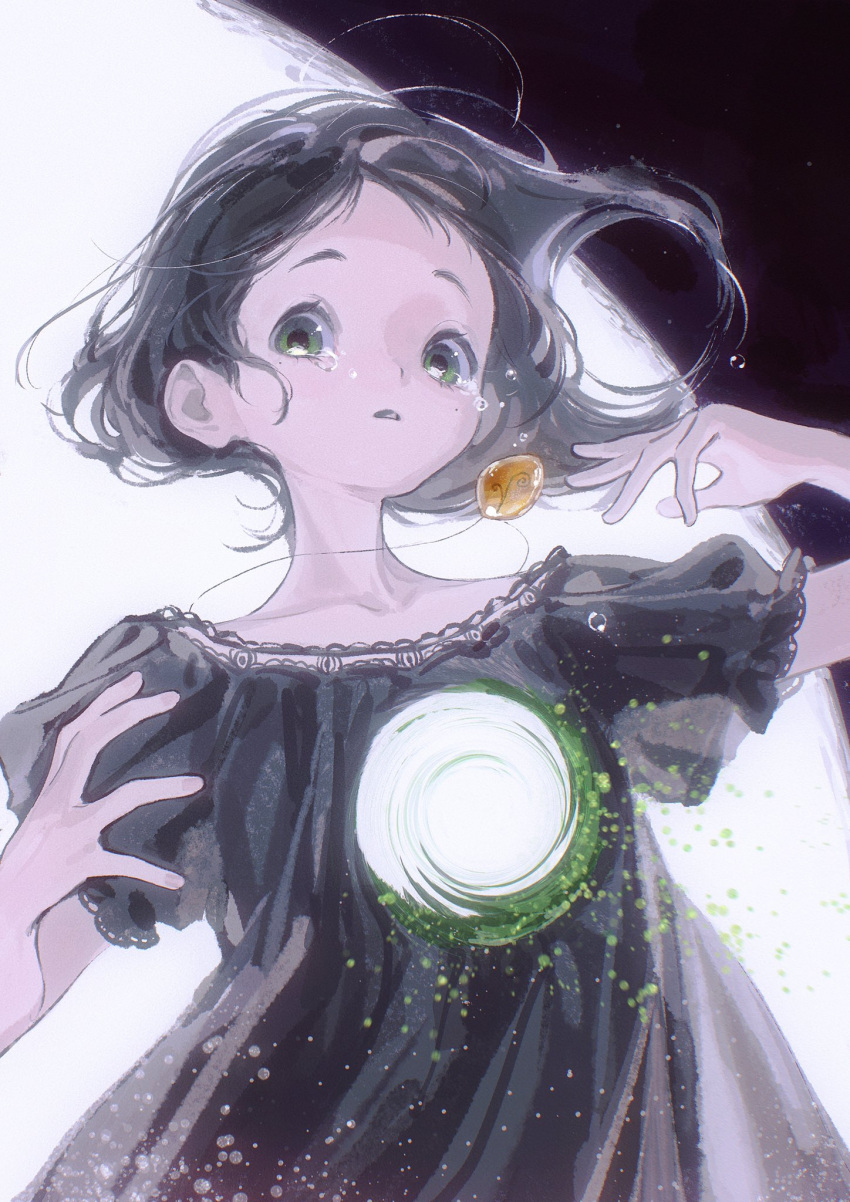 1girl black_dress black_hair bullet_hole crying dress floating floating_hair floating_object from_below full_moon green_eyes hands_up hidari_(nanmu-left) highres hole_on_body jewelry lace-trimmed_sleeves lace_trim light_particles looking_at_viewer looking_down mole mole_under_eye moon moss necklace night night_sky original parted_lips pendant short_hair short_sleeves sky solo spot_color upper_body