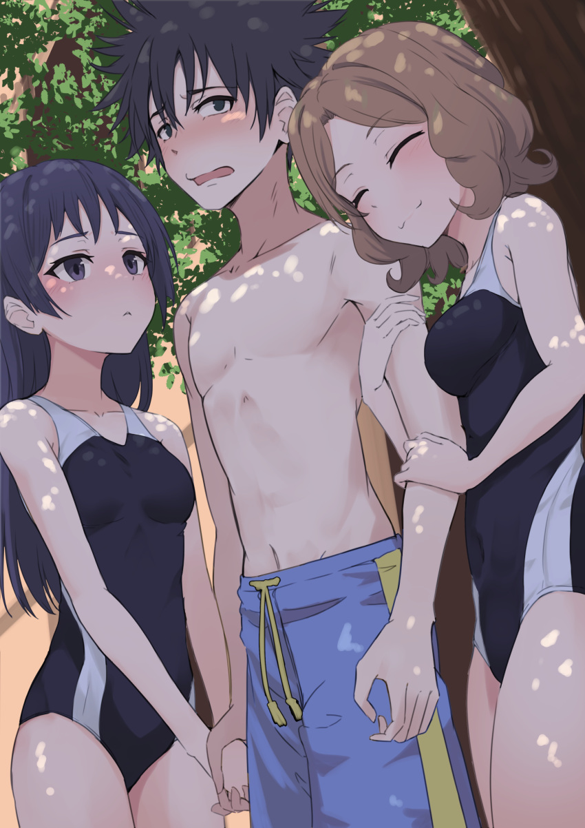 1boy 2girls awatsuki_maaya black_hair black_one-piece_swimsuit blue_male_swimwear blush breasts brown_hair closed_eyes closed_mouth commentary_request commission highres holding_hands k3rd kamijou_touma long_hair male_swimwear medium_breasts multiple_girls one-piece_swimsuit outdoors pixiv_commission short_hair smile spiked_hair standing swim_trunks swimsuit toaru_kagaku_no_railgun toaru_majutsu_no_index topless_male tree wannai_kinuho