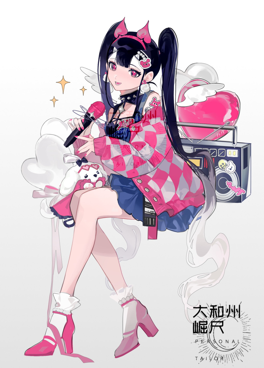1girl absurdres animal bare_legs black_hair black_ribbon blue_skirt dog earrings gillannn grey_background hair_between_eyes hair_ornament hairclip highres holding holding_microphone jacket jewelry light_blush long_hair looking_at_viewer microphone mini_wings mobile nail_polish open_mouth original pink_eyes pink_nails radio ribbon simple_background sitting skirt smile solo sparkle tattoo teeth twintails wings