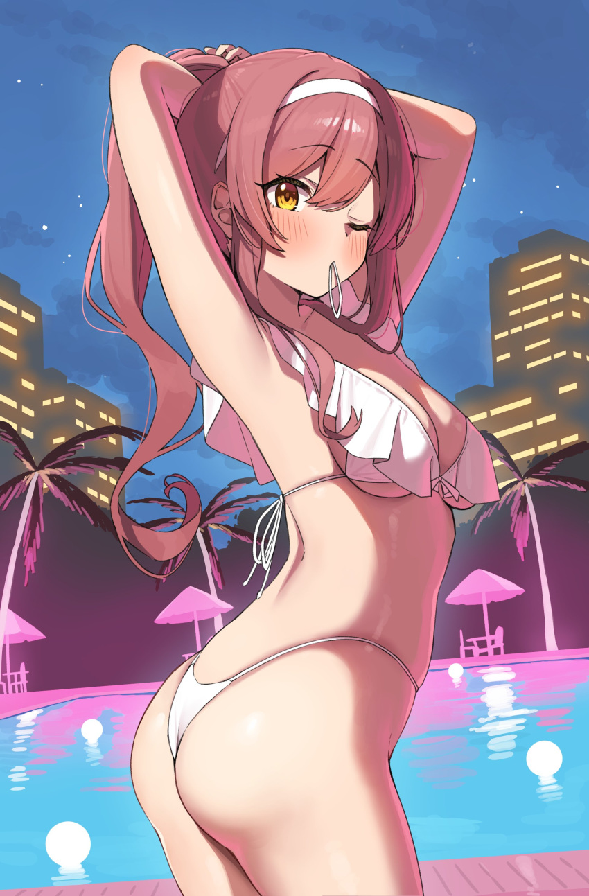 1girl absurdres adjusting_hair armpits arms_behind_head arms_up ass back bare_shoulders bikini blush breasts building cleavage closed_mouth collarbone from_behind hair_tie_in_mouth hairband hands_in_hair highres idolmaster idolmaster_shiny_colors long_hair looking_at_viewer looking_back median_furrow medium_breasts mouth_hold night night_sky one_eye_closed osaki_amana outdoors palm_tree ponytail pool poolside red_hair sky solo standing star_(sky) starry_sky swept_bangs swimsuit tree tying_hair wanimaru white_bikini yellow_eyes
