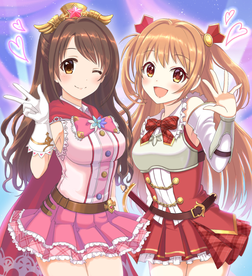 2girls :d arm_guards armpits belt blush bow bowtie breasts brown_belt brown_eyes brown_hair cape chest_armor closed_mouth cowboy_shot detached_sleeves dot_nose dress frilled_skirt frills gloves hair_between_eyes hair_bow hair_ornament hand_up heart highres idolmaster idolmaster_cinderella_girls idolmaster_cinderella_girls_starlight_stage large_breasts long_hair looking_at_viewer medium_breasts multicolored_background multiple_girls nozomi_(princess_connect!) one_eye_closed open_hand open_mouth pink_bow pink_bowtie pink_dress plaid plaid_bow plaid_bowtie plaid_skirt pleated_skirt princess_connect! red_bow red_bowtie red_cape red_dress shimamura_uzuki skirt sleeveless sleeveless_dress smile standing star_(symbol) star_hair_ornament sword tiara tomato_(kiiroitomato33) two_side_up w weapon white_gloves white_sleeves