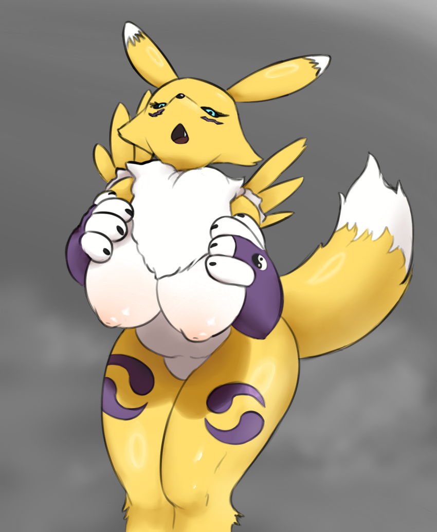 areola aroused aroused_face bandai_namco big_breasts blue_eyes breast_squish breasts canid canine clothed clothing digimon digimon_(species) duckerzzart exposed_breasts female fluffy fluffy_ears fluffy_tail fox_tail fur hi_res holding_breast huge_breasts huge_thighs in_heat looking_at_viewer mammal markings nipples partially_clothed pinup pose presenting presenting_breasts renamon solo squish tail thick_thighs white_body white_fur yellow_body yellow_fur