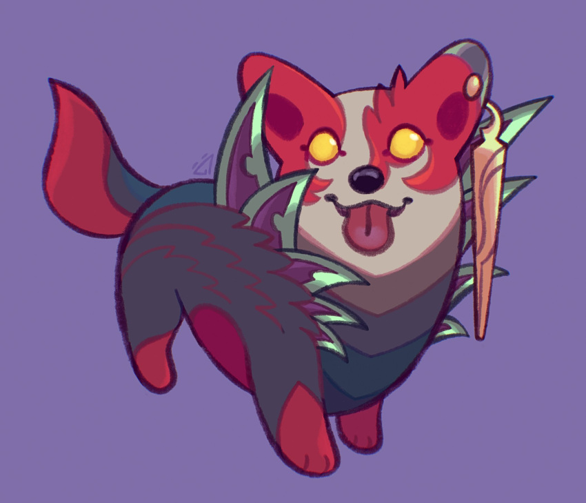 alternate_costume animal dog highres kenneky league_of_legends naafiri no_pupils purple_background simple_background tongue tongue_out welsh_corgi yellow_eyes