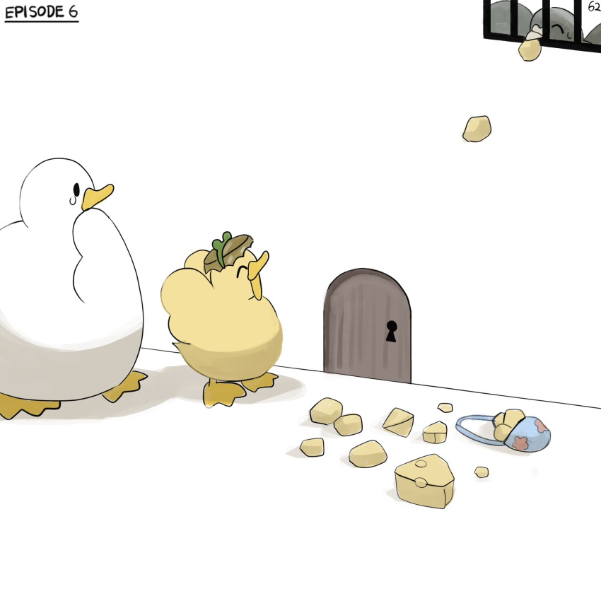 ^_^ bag bird bottle_cap cheese closed_eyes diva_(hyxpk) door duck duckling food frog_headband highres keyhole mouse_hole no_humans numbered original pigeon prison simple_background window