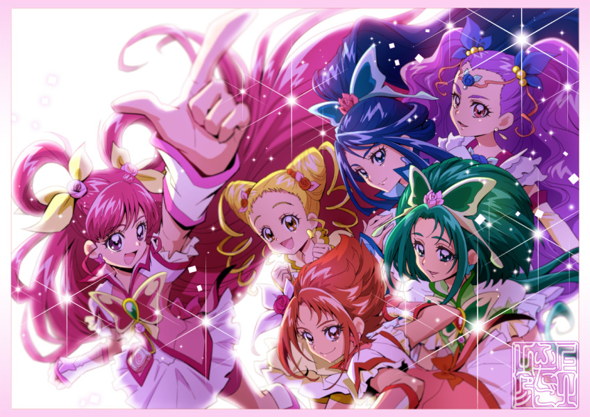 6+girls :d akimoto_komachi artist_logo bike_shorts bike_shorts_under_skirt blonde_hair blue_eyes blue_hair border bug butterfly butterfly_earrings butterfly_hair_ornament commentary_request cure_aqua cure_dream cure_lemonade cure_mint cure_rouge dress drill_hair earrings eyelashes flower green_eyes green_hair hair_flower hair_ornament hair_rings happy jewelry kamikita_futago kasugano_urara_(yes!_precure_5) long_hair looking_at_viewer magical_girl milk_(yes!_precure_5) milky_rose mimino_kurumi minazuki_karen multiple_girls natsuki_rin open_mouth pink_border pink_eyes pink_hair ponytail precure puffy_sleeves purple_dress purple_eyes red_eyes red_hair short_hair shorts shorts_under_skirt simple_background skirt smile spiked_hair twin_drills twintails vest white_background yellow_eyes yes!_precure_5 yes!_precure_5_gogo! yumehara_nozomi