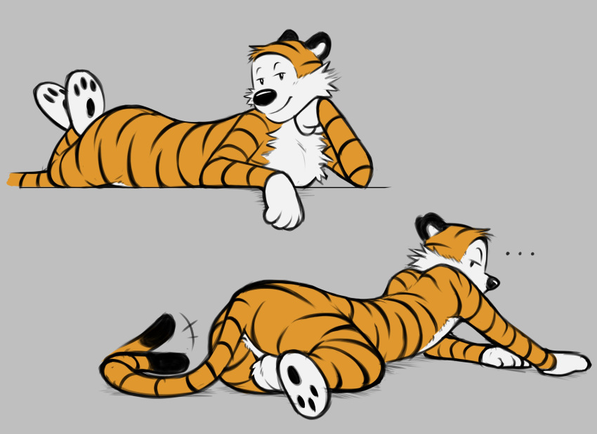 anthro anus balls bedroom_eyes calvin_and_hobbes denzeltip felid fur genitals grey_background hi_res hobbes looking_at_viewer looking_back looking_back_at_viewer lying male mammal narrowed_eyes on_front orange_body orange_fur pantherine seductive simple_background solo striped_body striped_fur stripes tail tail_motion tailwag tiger