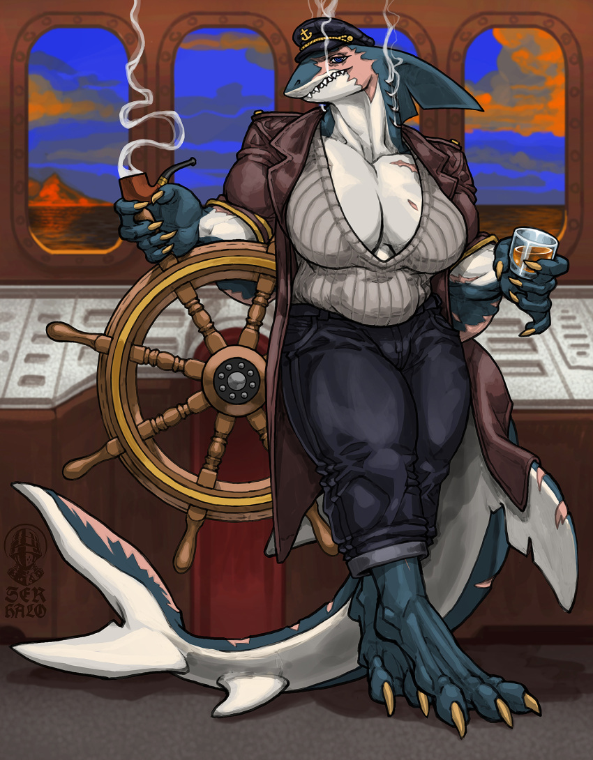 alcohol anthro arm_scar beverage big_breasts blue_eyes boat breast_scar breasts captain's_hat claws cleavage clothed clothing curvy_figure detailed_background digitigrade eye_scar facial_scar feet female fin fin_scar fish gesture half-closed_eyes hi_res huge_breasts inside jacket long_jacket looking_at_viewer marine membrane_(anatomy) musclegut muscular muscular_female narrowed_eyes non-mammal_breasts notched_fin pinky_out scar ser_halo shark sharp_teeth slightly_chubby smoke_from_gills smoking smoking_pipe solo steering_wheel sweater tail_scar teeth thick_thighs toes topwear vehicle voluptuous watercraft webbed_feet webbed_hands whiskey whiskey_glass