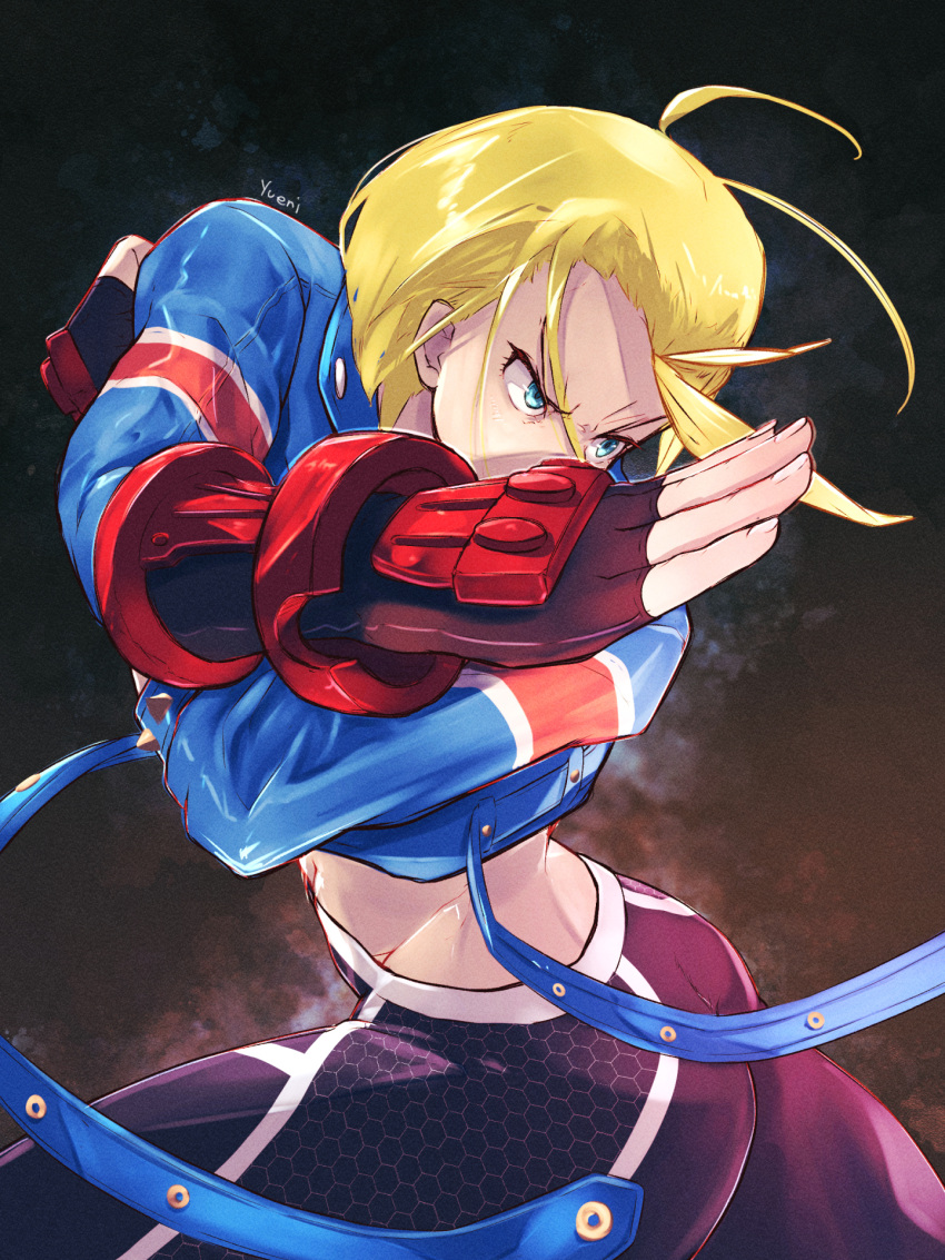 1girl ahoge ass blonde_hair blue_eyes cammy_white commentary_request cowboy_shot cropped_jacket fingerless_gloves glaring gloves highres jacket midriff pants short_hair signature solo street_fighter street_fighter_6 twisted_torso union_jack_print yoga_pants yuenibushi