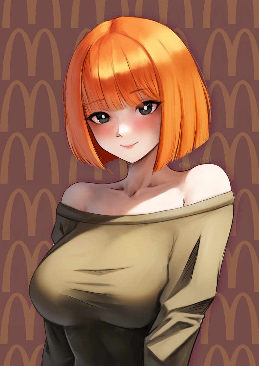 1girl absurdres arms_at_sides artist_name bare_shoulders black_eyes blunt_bangs blunt_ends blush bob_cut breasts bright_pupils close-up closed_mouth collarbone commentary english_commentary head_tilt highres large_breasts lazik_1337 lips logo long_sleeves looking_at_viewer mcdonald's mother_(yoru_mac) off-shoulder_shirt off_shoulder portrait red_background red_hair shirt short_hair smile solo taut_clothes taut_shirt twitter_username upper_body white_pupils yoru_mac