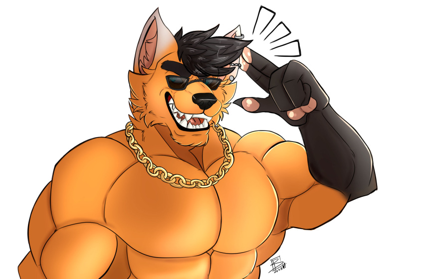 abs accessory anthro bella_vanguard breasts canid canine clothed clothing dragoonie ear_piercing eyewear gold_(metal) gold_jewelry hi_res jewelry male mammal maned_wolf muscular pecs piercing smile solo sunglasses sunglasses_on_face topless topless_male