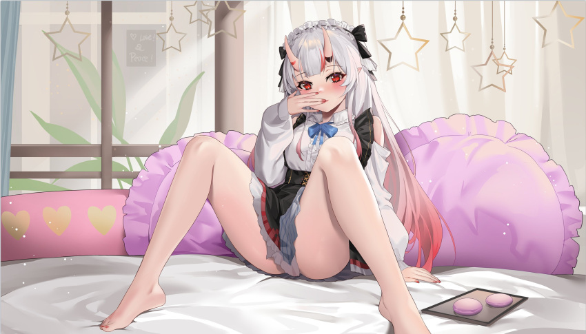 1girl bed bedroom blush bow center_frills clothing_cutout curtains fang frilled_hairband frilled_shirt frills gradient_hair hairband highres hololive horns lolita_hairband long_hair long_sleeves looking_at_viewer multicolored_hair nakiri_ayame nakiri_ayame_(3rd_costume) official_alternate_costume on_bed oni oni_horns open_mouth otakueden1995 pillow pinstripe_pattern pinstripe_skirt plaid plaid_ribbon red_eyes ribbon shirt shoulder_cutout skin-covered_horns skirt smile solo spread_legs streaked_hair striped thighs virtual_youtuber white_hair white_shirt window