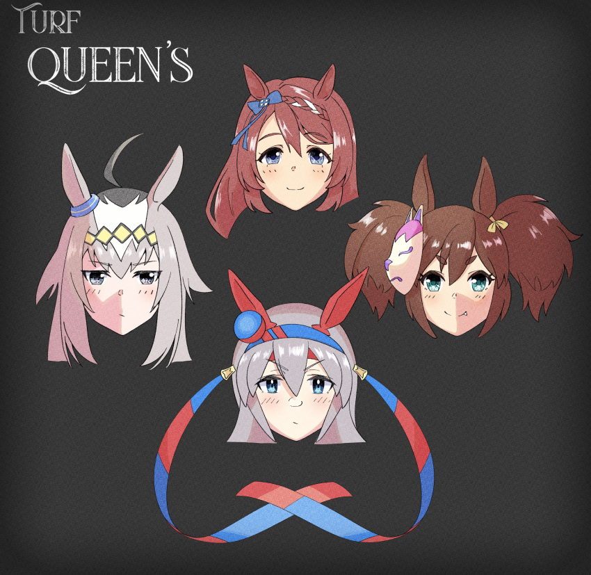 4girls absurdres ahoge album_cover album_cover_redraw animal_ears black_background blue_eyes bohemian_rhapsody bow brown_hair commentary cover dengakumiso derivative_work ear_covers ear_ornament fox_mask green_eyes grey_eyes grey_hair hair_between_eyes hairband headband highres horse_ears horse_girl inari_one_(umamusume) long_hair looking_at_viewer mask mask_on_head multiple_girls oguri_cap_(umamusume) queen_(band) red_headband smile super_creek_(umamusume) tamamo_cross_(umamusume) twintails umamusume yellow_bow