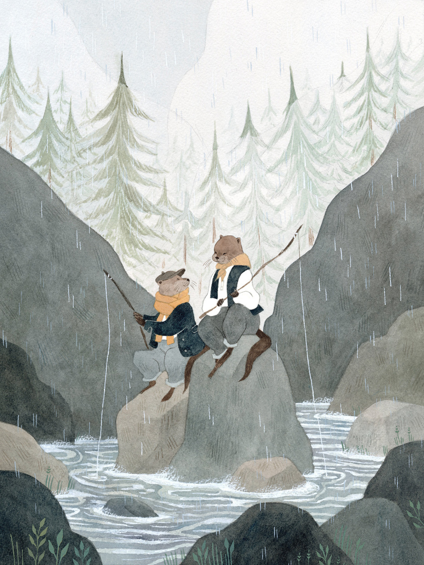2others animal_focus black_jacket black_vest english_commentary fishing fishing_rod gouache_(medium) highres holding holding_fishing_rod jacket lake looking_at_another multiple_others nature no_humans original otter outdoors painting_(medium) rain scarf shirt sitting smile traditional_media tree vanessa_gillings vest water whiskers white_shirt yellow_scarf