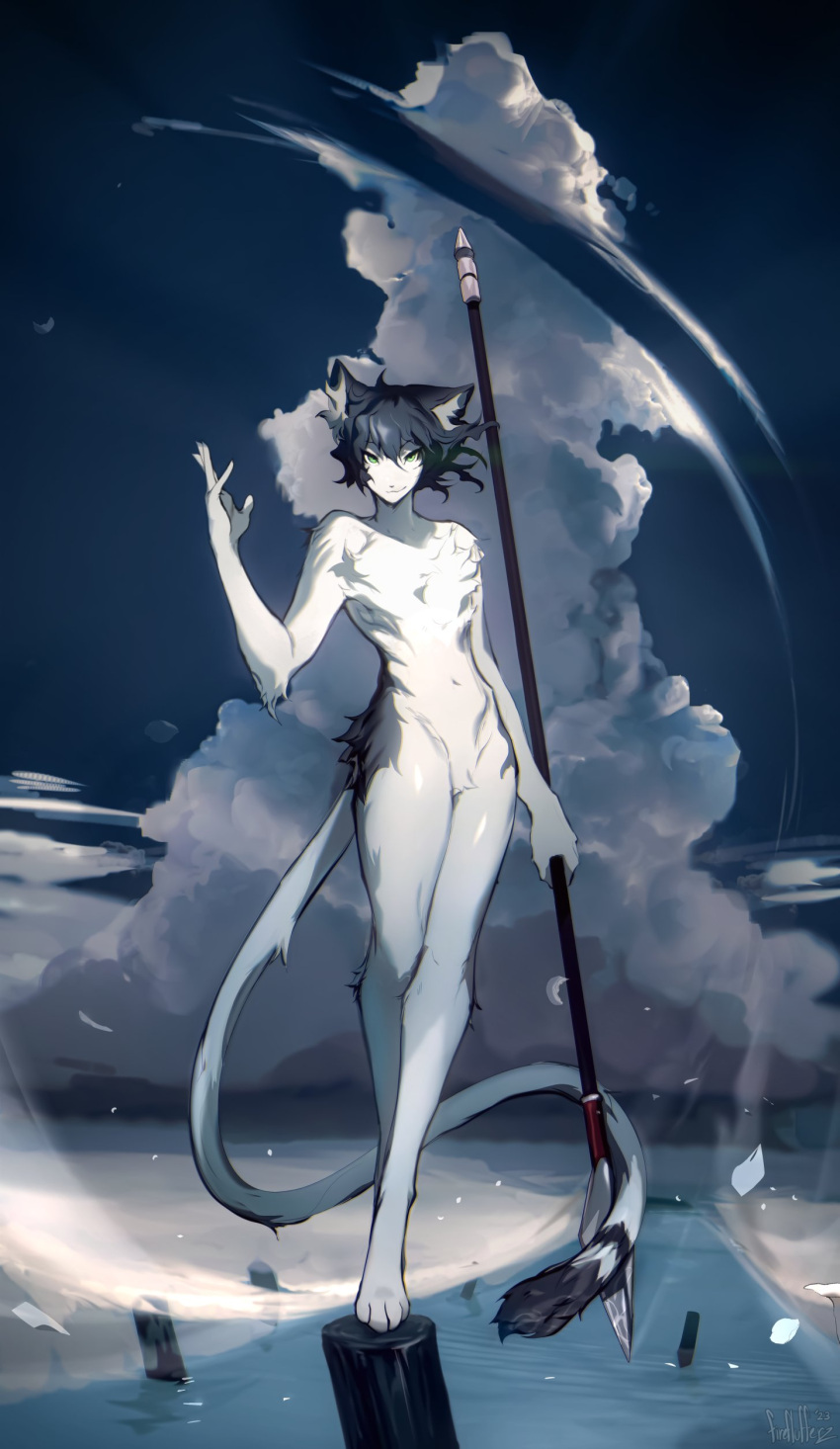 absurd_res anthro balancing balancing_on_foot black_body black_fur black_hair cloud countershading domestic_cat felid feline felis fighting_pose fireflufferz fluffy fluffy_chest fur green_eyes hair hi_res looking_at_viewer male mammal melee_weapon navel nude polearm pose sky solo spear water weapon white_body white_countershading white_fur