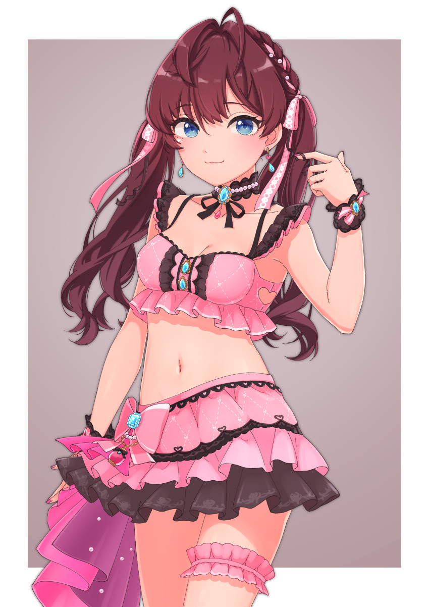 1girl :3 absurdres ahoge black_choker blue_eyes blush braid breasts brown_hair choker cleavage clothing_cutout crop_top earrings frills grey_background hand_up heart_cutout highres ichinose_shiki idolmaster idolmaster_cinderella_girls idolmaster_cinderella_girls_starlight_stage jewelry layered_skirt long_hair looking_at_viewer medium_breasts midriff miniskirt navel ornament pink_nails pink_ribbon rakkopower ribbon sash scrunchie simple_background skirt smile solo standing stomach thigh_strap