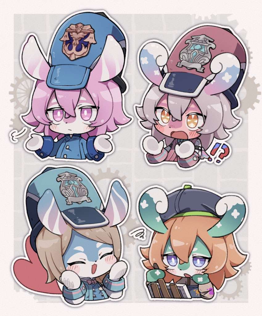 !? 4girls :d =3 ^_^ aeval_(genshin_impact) animal_ears apron aqua_bow aqua_bowtie aqua_headwear aqua_jacket beret black_headwear blathine_(genshin_impact) blue_apron blue_headwear blue_jacket blush blush_stickers border bow bowtie bright_pupils brown_hair buttons canvas_(object) chibi closed_eyes closed_mouth commentary_request crossed_bangs double-breasted easel elphane_(genshin_impact) expressionless gears genshin_impact grey_background grey_hair hair_between_eyes hands_on_own_cheeks hands_on_own_face hands_up hat heart highres jacket long_sleeves mamere_(genshin_impact) medium_hair melusine_(genshin_impact) mitsui_mikan multiple_girls open_mouth outline outside_border paint_on_clothes paint_splatter parted_bangs peaked_cap pink_bow pink_bowtie pink_eyes pink_hair pink_jacket purple_eyes red_headwear short_hair shrugging simple_background sleeve_cuffs smile squiggle surprised swept_bangs upper_body white_border white_outline white_pupils yellow_eyes