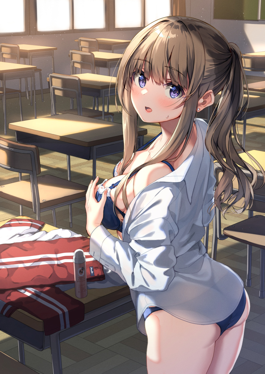 1girl :o arched_back ass black_bra black_panties blush bra breasts brown_hair chair chalkboard collared_shirt commentary_request desk gym_uniform highres long_hair looking_at_viewer medium_breasts original panties ponytail purple_eyes red_track_suit school_chair school_desk shirt sidelocks solo standing track_suit unasaka_ryou underwear white_shirt window wooden_floor