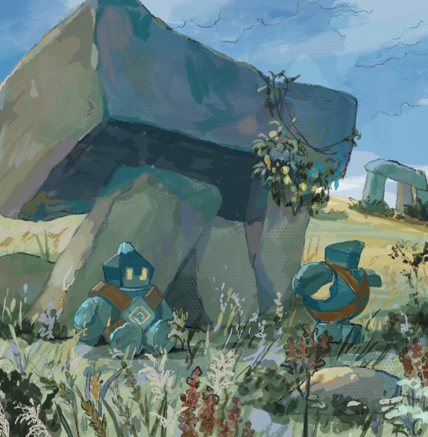 boulder day flower golett grass highres no_humans outdoors plant pokemon pokemon_(creature) rock sakusakufugashi scenery sitting sky standing yellow_eyes