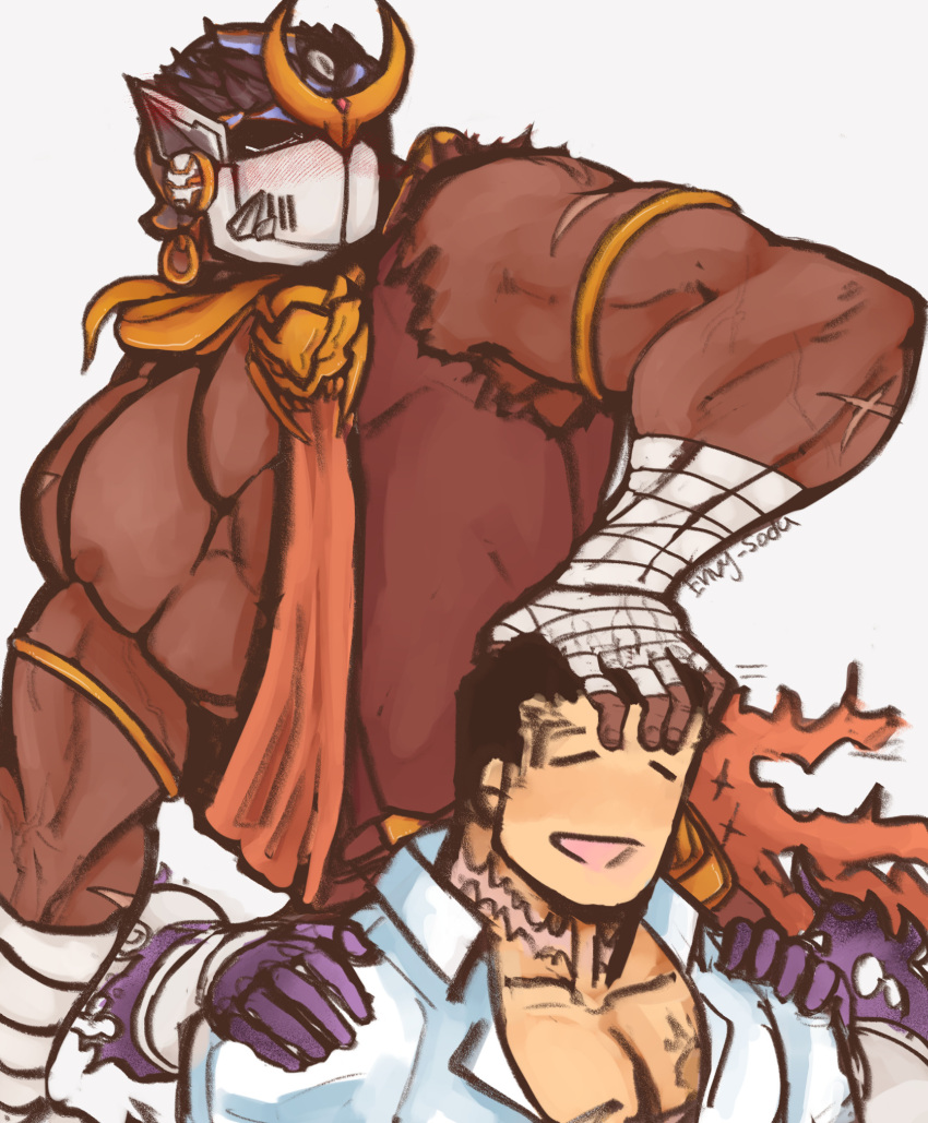 2boys =_= bara bare_pectorals blush collared_shirt dark-skinned_male dark_skin envysoda extra_arms from_side hand_on_another's_head happy highres large_pectorals male_focus multiple_boys muscular muscular_male pectoral_cleavage pectorals protagonist_3_(housamo) sash scar shaded_face shirt shiva_(housamo) short_hair shoulder_sash shy thick_eyebrows tokyo_afterschool_summoners upper_body yaoi