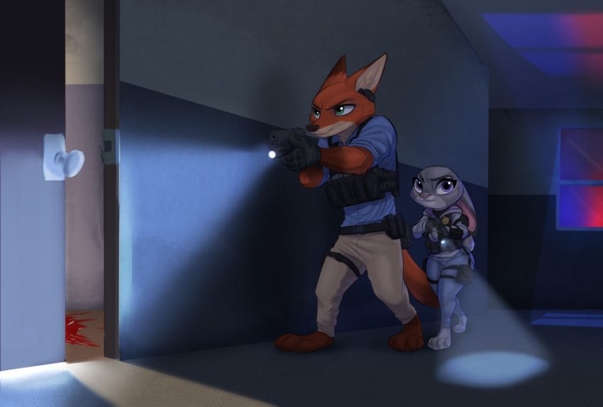 anthro blood bodily_fluids bulletproof_vest canid canine clothing disney duo female flashlight fox glock glock_17 gun hallway handgun hoodie judy_hopps lagomorph law_enforcement leporid male male/female mammal nick_wilde pistol police police_lights police_officer psakorn_tnoi rabbit ranged_weapon red_fox tactical_gear topwear weapon zootopia