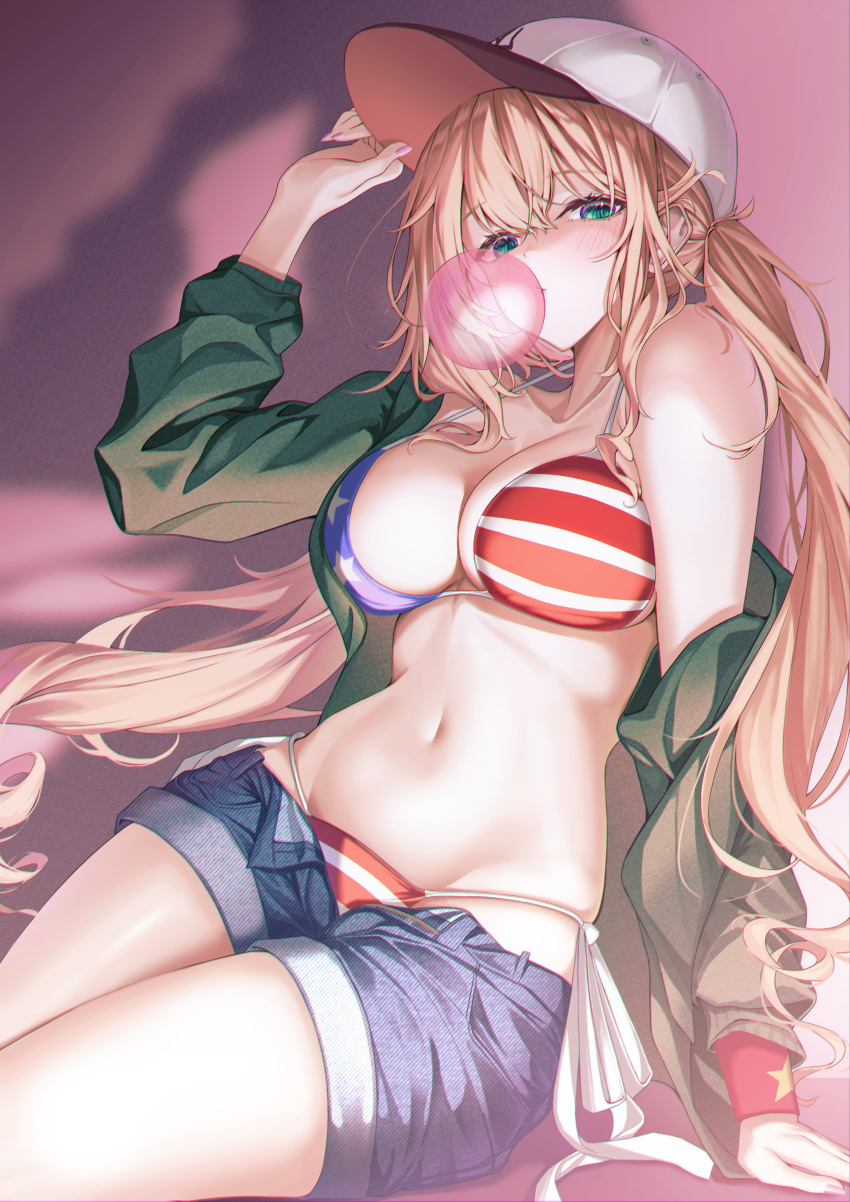 1girl absurdres american_flag_bikini arm_support baseball_cap bikini blonde_hair bratja breasts bubble_blowing chewing_gum cleavage flag_print green_eyes green_jacket hand_on_headwear hat highres jacket large_breasts long_hair looking_at_viewer monica_adenauer navel off_shoulder shadow short_shorts shorts side-tie_bikini_bottom sitting solo stomach swimsuit thighs twintails very_long_hair yakitate!!_japan