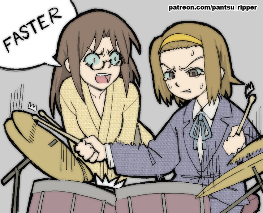 2girls angry blue_ribbon blue_shirt brown_eyes brown_hair clenched_teeth crying crying_with_eyes_open drum drumming drumsticks forehead glasses hairband holding holding_drumsticks instrument k-on! long_hair long_sleeves medium_hair multiple_girls open_mouth pantsu-ripper ribbon robe school_uniform shirt shouting simple_background speech_bubble sweat tainaka_ritsu teacher teacher_and_student tears teeth whiplash_(2014_movie) white_shirt yamanaka_sawako