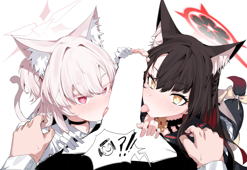 !? 2girls absurdres akira_(blue_archive) animal_ear_fluff animal_ears arona's_sensei_doodle_(blue_archive) black_hair blue_archive blush cat_ears cat_tail censored colored_inner_hair cooperative_fellatio fellatio fox_ears fox_girl fox_tail gloves halo heart heart-shaped_pupils highres licking licking_penis long_hair looking_at_viewer multicolored_hair multiple_girls oral penis plentyofempty pov red_eyes sensei_(blue_archive) shirt symbol-shaped_pupils tail wakamo_(blue_archive) white_background white_gloves white_hair white_shirt yellow_eyes