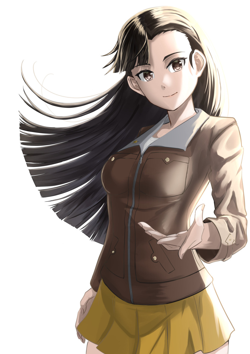 1girl asymmetrical_bangs black_eyes black_hair brown_jacket chi-hatan_military_uniform closed_mouth commentary_request cowboy_shot girls_und_panzer highres jacket long_hair long_sleeves looking_at_viewer military_uniform miniskirt nishi_kinuyo nmz_zmn partial_commentary pleated_skirt simple_background skirt smile solo standing star_(symbol) straight_hair uniform waving white_background wind yellow_skirt