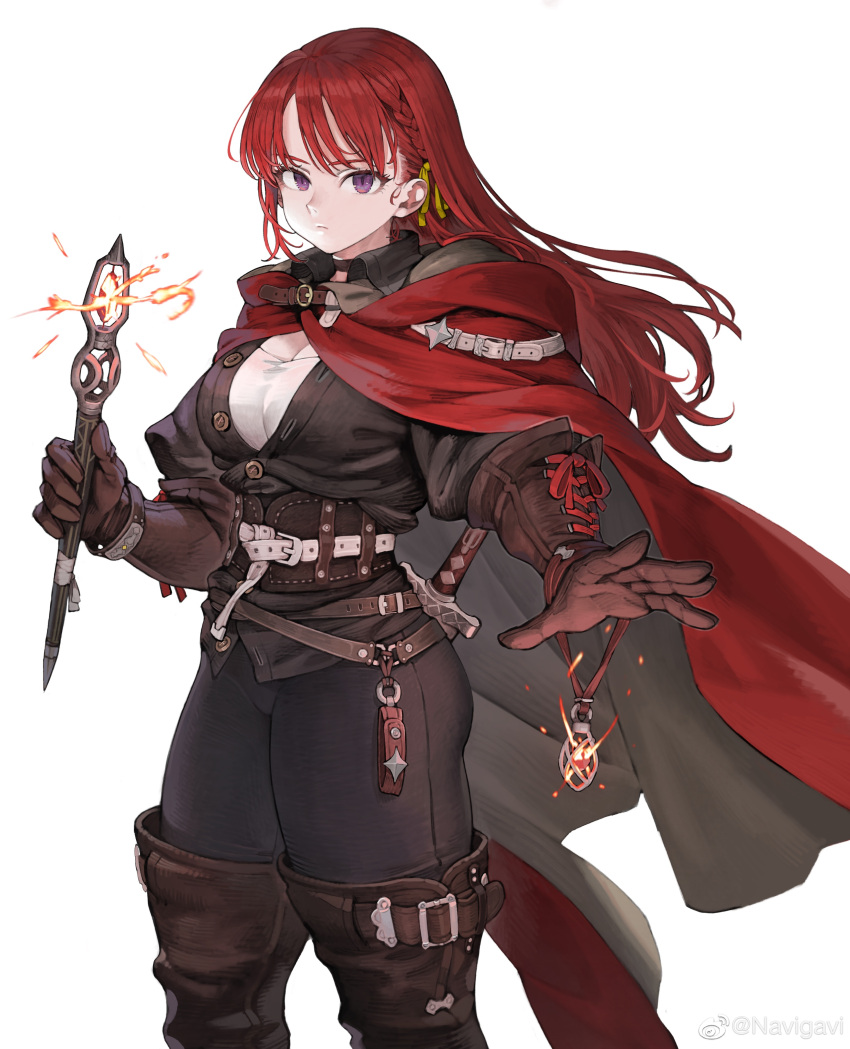 1girl absurdres belt boots braid breasts brown_gloves choker cleavage cloak gloves hair_ribbon highres jewelry jun_(seojh1029) large_breasts long_hair looking_at_viewer original pendant purple_eyes red_cloak red_hair ribbon solo thigh_boots wand weapon weibo_logo weibo_username