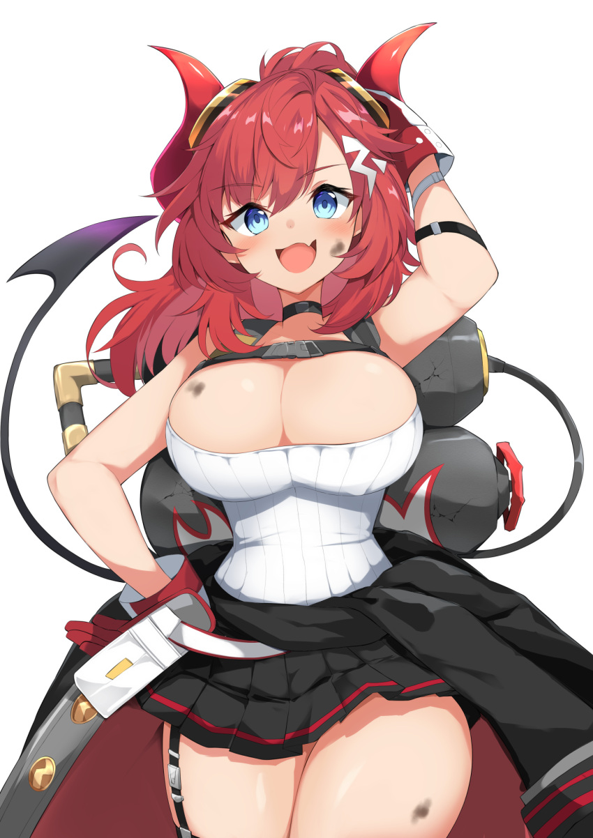 1girl blue_archive blue_eyes breasts clothes_around_waist demon_tail dirty garter_straps gas_tank gloves goggles goggles_on_head hand_on_own_hip highres large_breasts megu_(blue_archive) ponytail red_hair ribbed_shirt sakikumo_(sakumo) shirt tail white_background