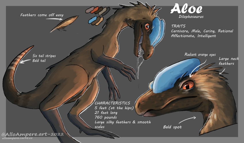 absurd_res alloampere bodily_fluids brown_body dilophosaurid dilophosaurus dinosaur feathers feral hi_res male model_sheet reptile saliva scalie theropod