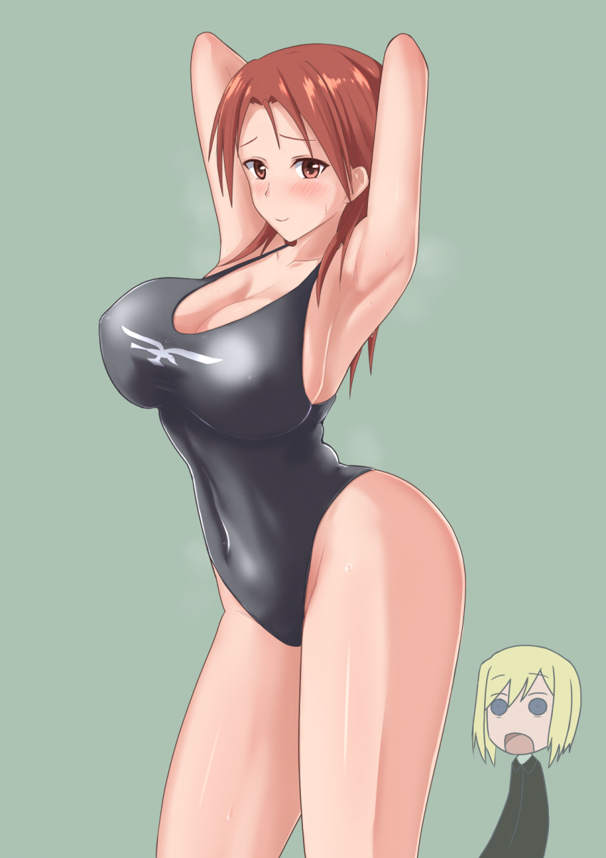 2girls armpits arms_behind_head black_one-piece_swimsuit blonde_hair blush breasts cleavage closed_mouth collarbone covered_navel erica_hartmann green_background highres large_breasts long_hair looking_at_viewer minna-dietlinde_wilcke multiple_girls one-piece_swimsuit open_mouth red_eyes red_hair short_hair simple_background smile strike_witches sweat swimsuit varie7k world_witches_series