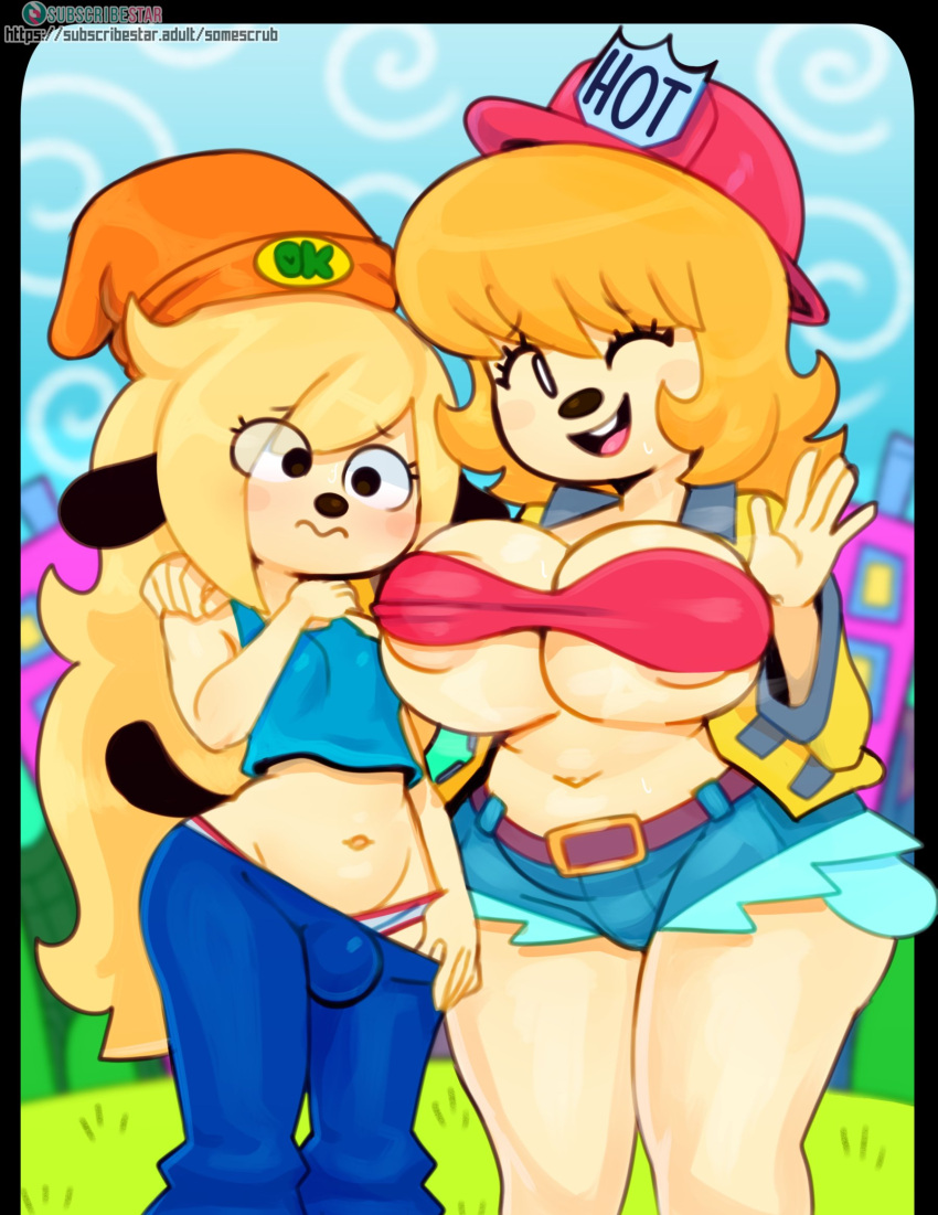 anthro areola beanie big_breasts black_eyes blonde_hair bottomwear breasts bulge canid canine canis clothing crop_top cutoffs denim denim_clothing domestic_dog duo english_text female gesture girly hair hand_on_shoulder hat headgear headwear hi_res huge_breasts jacket long_hair looking_at_viewer male mama_parappa mammal mother mother_and_child mother_and_son navel one_eye_closed open_mouth orange_hair pants parappa parappa_the_rapper parent parent_and_child shirt shorts somescrub son sony_corporation sony_interactive_entertainment tan_areola text topwear underwear waving waving_at_viewer white_body