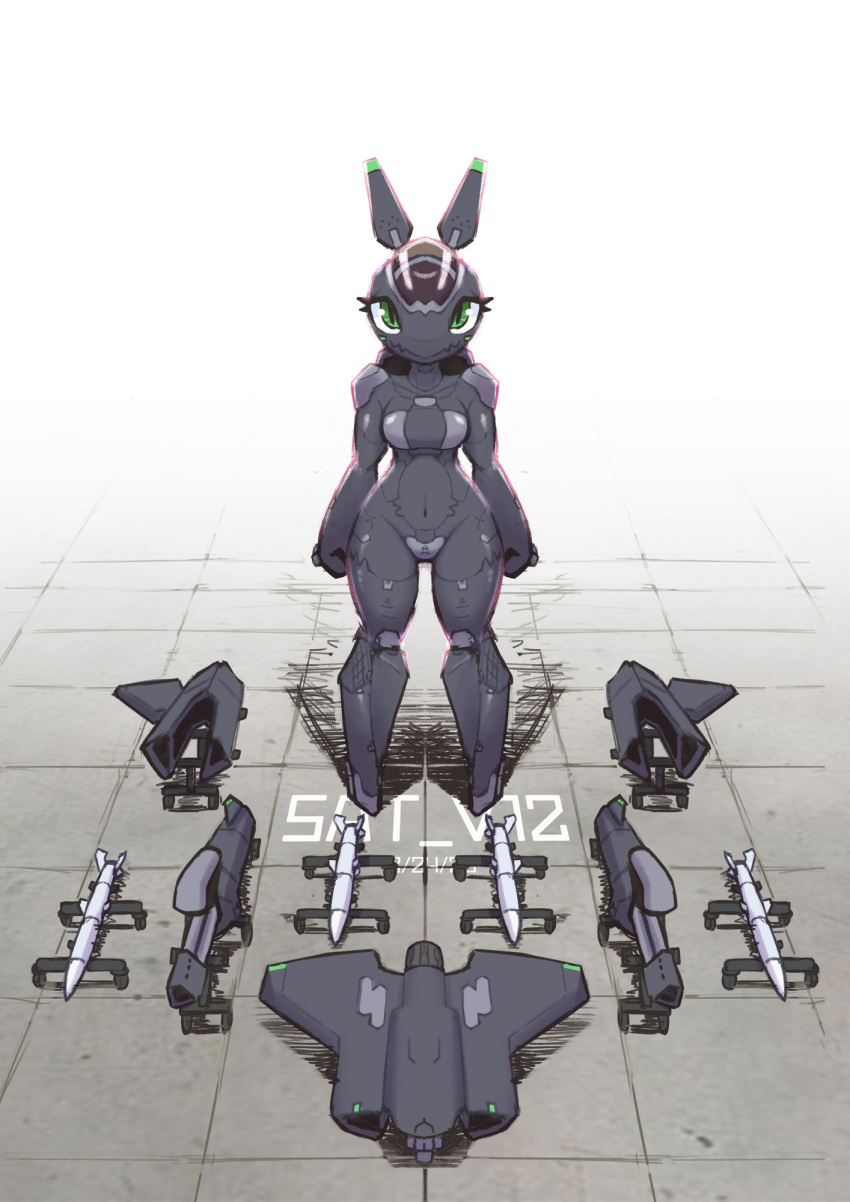 2020 aircraft anthro blush breasts digital_media_(artwork) f-35 female front_view green_eyes gun hi_res living_aircraft living_machine living_vehicle looking_at_viewer machine navel ranged_weapon rocket sat_v12 simple_background smile solo standing vehicle weapon