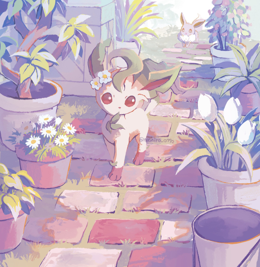 bright_pupils brown_eyes commentary_request day eevee flower grass highres leafeon looking_to_the_side nashiro_o77o no_humans outdoors plant pokemon pokemon_(creature) potted_plant standing white_flower white_pupils